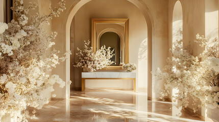 Sunlit Wedding Hall with Elegant Floral Decor