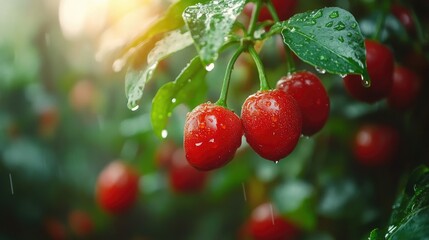 Obraz premium Close-up of ripe red chili peppers on a plant, glistening with raindrops after a refreshing rain shower in a lush garden setting.