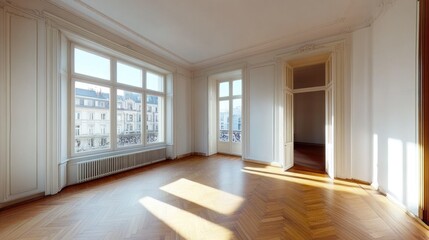 Empty Luxurious Apartment with Sunlight Streaming Through Large Windows