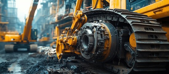 Fototapeta premium Close-up of a bulldozer's tracks and drive mechanism on a construction site, highlighting the machinery's power and ruggedness.