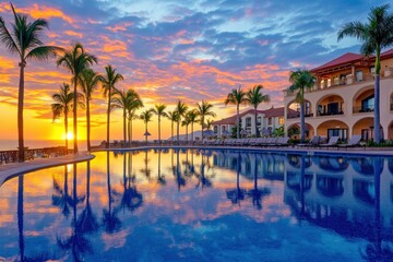 Breathtaking Sunset Over Luxury Resort Pool Surrounded by Palm Trees with Vibrant Sky and Ocean Reflection in Tropical Destination