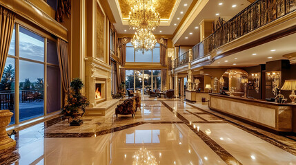 Opulent Luxury Hotel Lobby with High Ceilings and Golden Decor