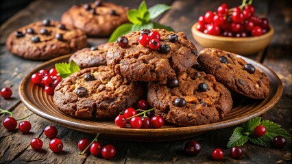 Obraz premium Low-light photography showcases rich, homemade chocolate oatmeal cookies, their vibrant currant jewels gleaming.