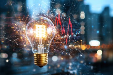 Innovative light bulb concept with business elements in corporate office setting professional background financial insights