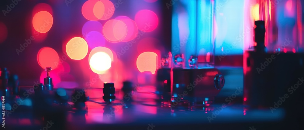 Poster abstract colorful lights and electronic components in a dim environment