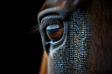 Close-Up of a Horse's Eye with Digital Code Overlay Representing Technology, Nature, and Connection in a Unique Visionary Concept of the Future