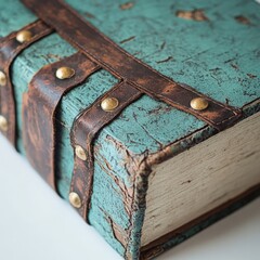 a textured old book with leather straps and brass studs