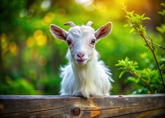 Obraz premium Macro lens reveals a pygmy goat's soft white fur against a rustic fence, framed by lush foliage. Pure enchantment.