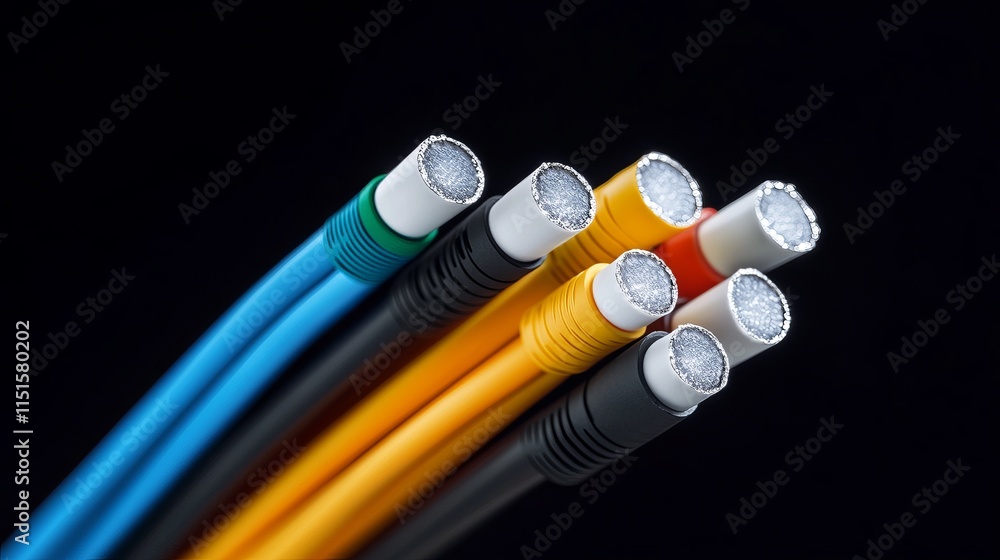 Poster a macro view of a multicolored fiber optic cable with short focal length representing fast and advan