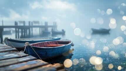 Fototapeta premium Peaceful Morning at a Foggy Dock with Colorful Boats on Calm Water