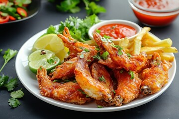 Fototapeta premium Crispy Chicken Wings with Fresh Herbs, Lime Slices, French Fries, and Spicy Dipping Sauce on White Plate Ready for a Delicious Meal