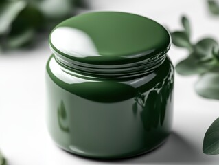 Elegant sage green topical jar with satin white base showcasing award winning product design