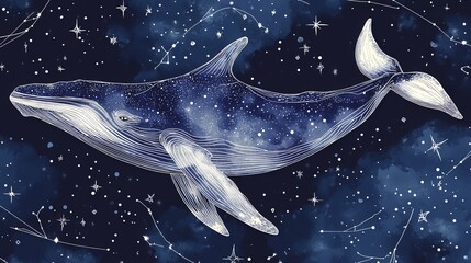 Mesmerizing watercolor background featuring a majestic whale against a celestial night sky, adorned with intricate white linework. Ideal for adding an artistic touch to wallpapers, prints, packaging