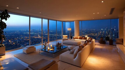 Fototapeta premium Luxury Penthouse Living Room with Breathtaking Cityscape View at Dusk