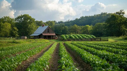 Rustic Charm: A Serene Farm Landscape with Lush Green Rows and a Picturesque Barn