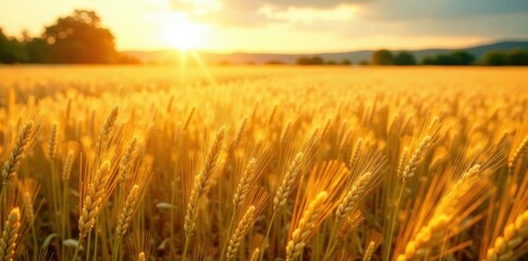 Golden wheat field in full bloom under warm sunlight, farmland, golden