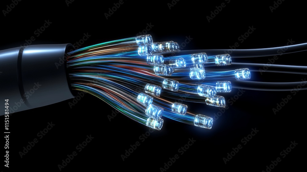 Poster a striking image of optical fiber strands illuminated by vibrant lights symbolizing highspeed data t