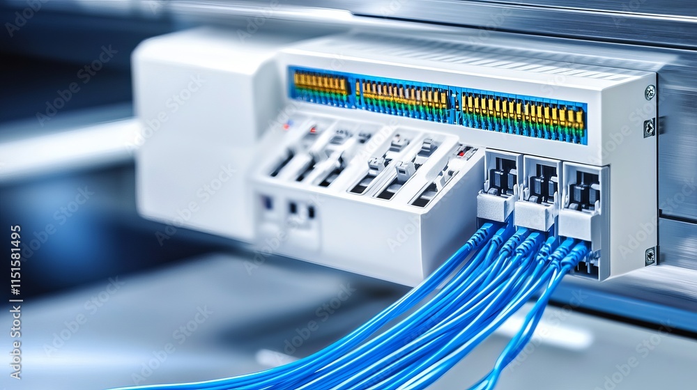 Poster a network technician configuring a switchboard with fiber optic cables representing the setup and ma