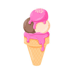 Ice cream cone with three scoops and pink dripping glaze topped with heart shaped sprinkles in cartoon. Sweet and colorful treat for celebration, summer theme and romantic holiday.