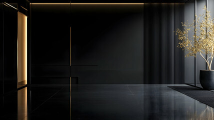 Modern Black and Gold Interior Design: Elegant Lobby with Minimalist Decor