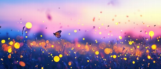Fototapeta premium Enchanting Butterfly in a Dreamy Field of Lights at Sunset Glow