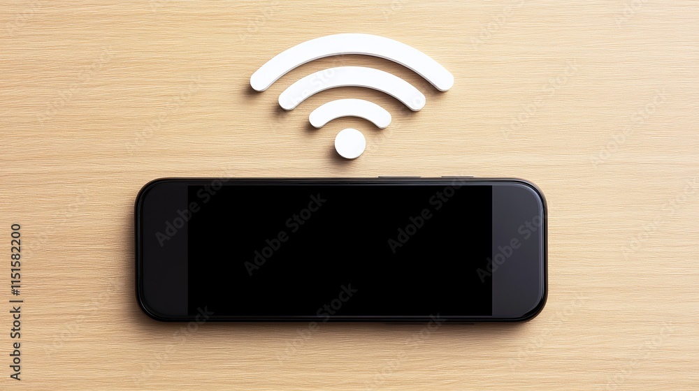 Poster a topdown view of a smartphone on a desk searching for available wifi networks with a white wifi ico