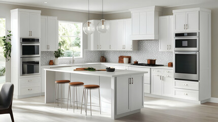 Modern White Kitchen Design with Island and Stainless Steel Appliances