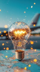 Fototapeta premium Creative light bulb innovation in tech lab surrounded by scientific equipment and formulas in dynamic atmosphere