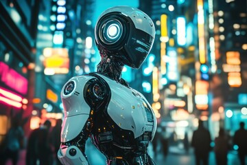 Fototapeta premium Futuristic robot figure standing in a vibrant neon cityscape at night, showcasing advanced technology against a backdrop of colorful lights and bustling urban life.