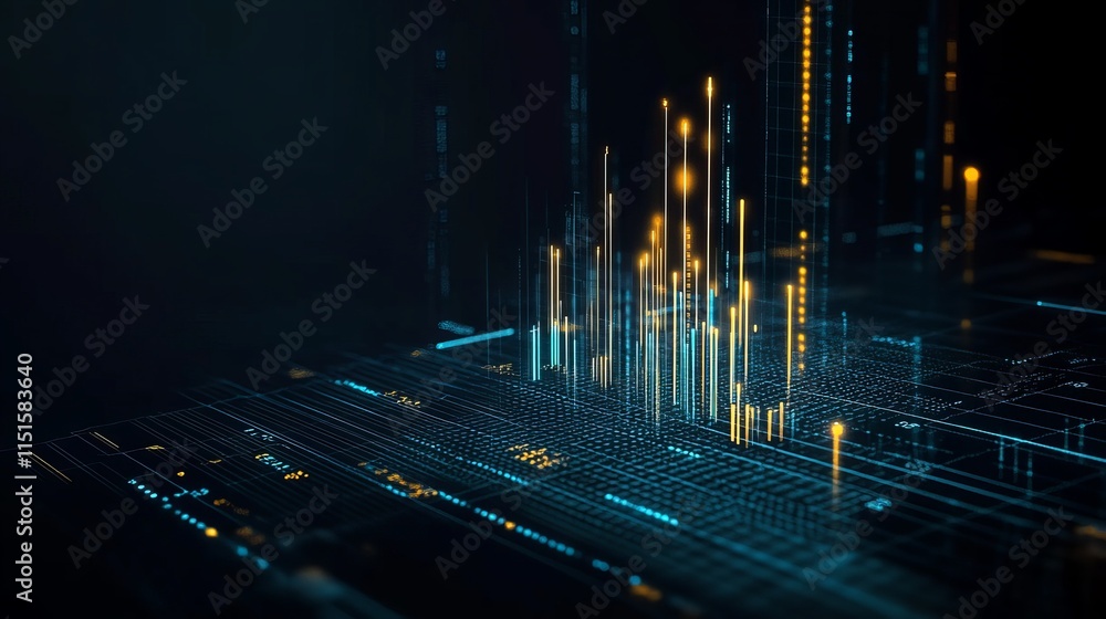 Poster an abstract infographic with futuristic charts candlesticks and uptrend lines representing financial