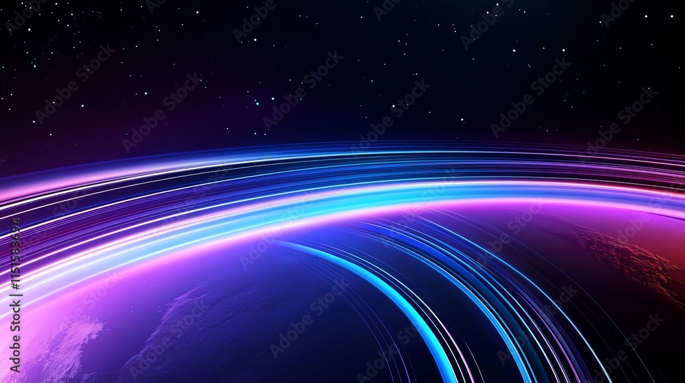 Poster abstract vector design of dynamic light speed lines and a fiber cable connecting the earth with a su