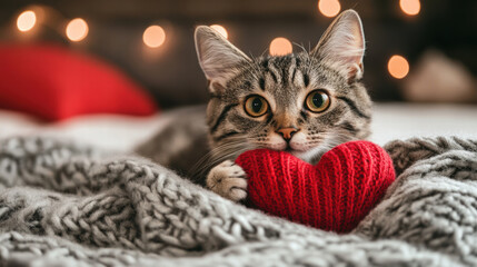 Cozy cat playing with heart shaped decoration, spreading love and joy