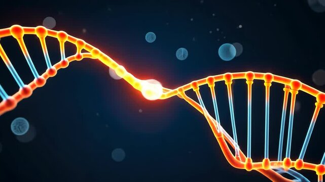 Video footage of glowing DNA double helix strand with a bright central connection point, set against a dark background with floating particles, illustrating genetic structure and molecular biology