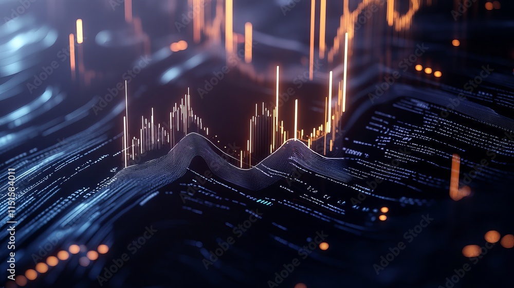 Poster an abstract infographic with futuristic charts candlesticks and uptrend lines representing financial