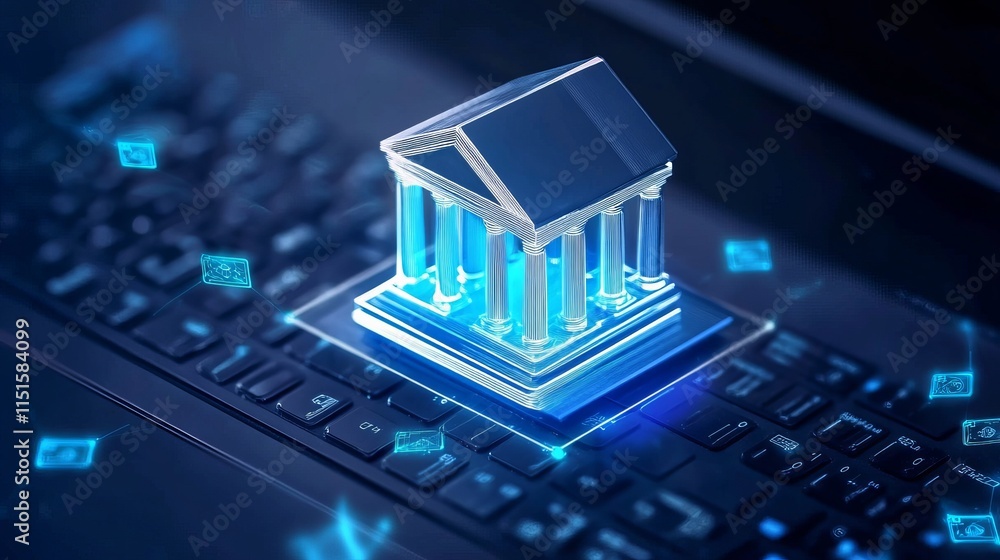 Poster an abstract representation of online banking featuring virtual icons cybersecurity elements and a di