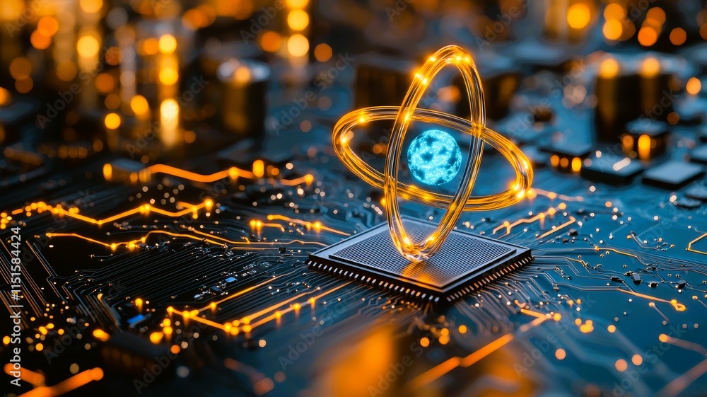Poster glowing atom symbol on microchip technology energy science circuit board