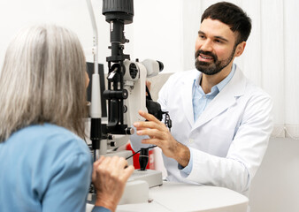 Senior patient undergoing eye exam with optometrist using slit lamp