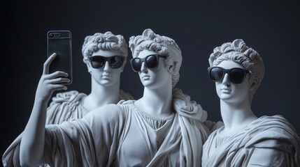 Classical statues wearing sunglasses and taking a selfie