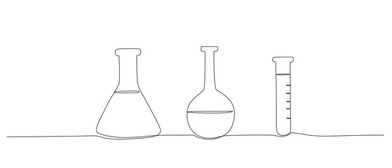 Test flask one continuous line illustration. Hand drawn doodle sketch of medical, laboratory equipment