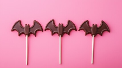 Fototapeta premium Delicious Chocolate Bat Lollipops on Pink Background Halloween Treats