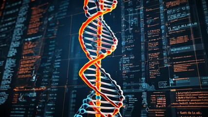 Video footage of DNA double helix is superimposed on a background of computer code, symbolizing the intersection of genetics and technology - Powered by Adobe