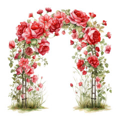 Obraz premium A watercolor painting depicts a charming wooden archway richly decorated with climbing red roses and greenery.