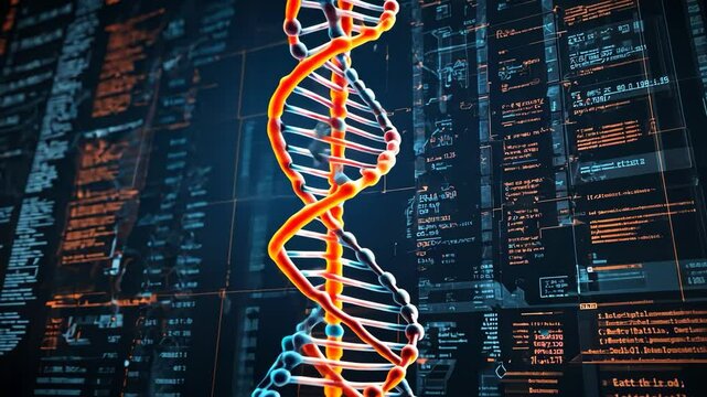 Video footage of DNA double helix is superimposed on a background of computer code, symbolizing the intersection of genetics and technology