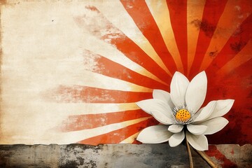 Elegant White Lotus Flower Against a Vintage Retro Sunburst Background with Warm Red and Creamy Tones Evoking Serenity and Tranquility in Nature