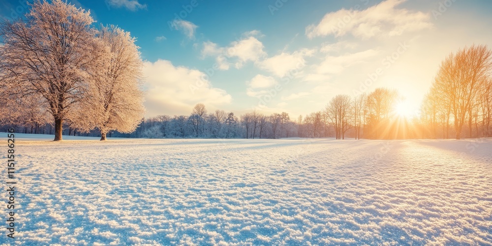 Poster stunning background showcasing a sunny day along with the first snow covering an open field, creatin