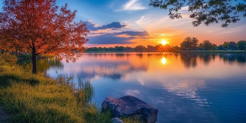 Fototapeta premium Serene sunset at the lakeside creates a tranquil atmosphere in the park, highlighting the beauty of nature during this picturesque sunset by the lakeside.