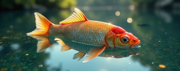 Naklejka premium Un poisson ?merg? de l'eau claire d'un lac en pleine lumi?re du matin, birds, lac, water