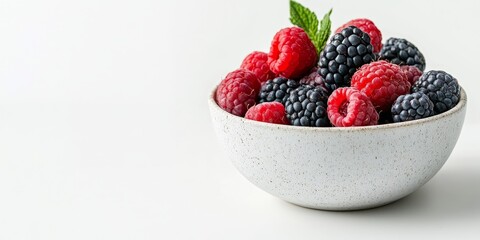 Bowl featuring fresh berries displayed in isolation against a white background, showcasing the vibrant colors and textures of the fresh berries in a clean, minimalist setting.