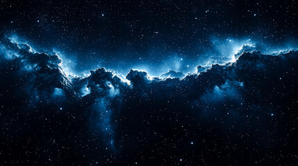 Cosmic nebula with blue glowing gas and dust clouds in dark space.