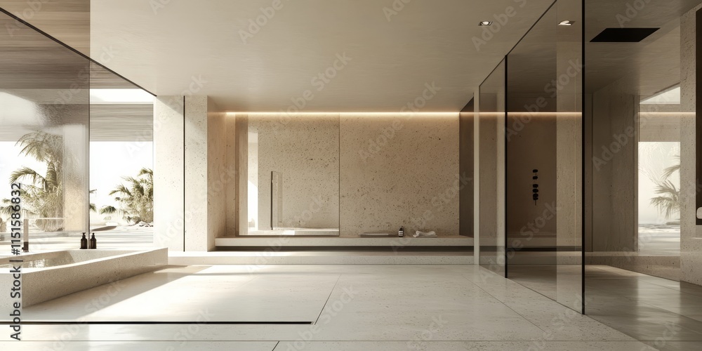 Poster the bathroom features a sleek and minimalist design in cool tones, highlighted by a walk in shower a